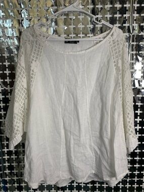 Bella Amore White Linen Crochet-Sleeve Beach Coverup Tunic